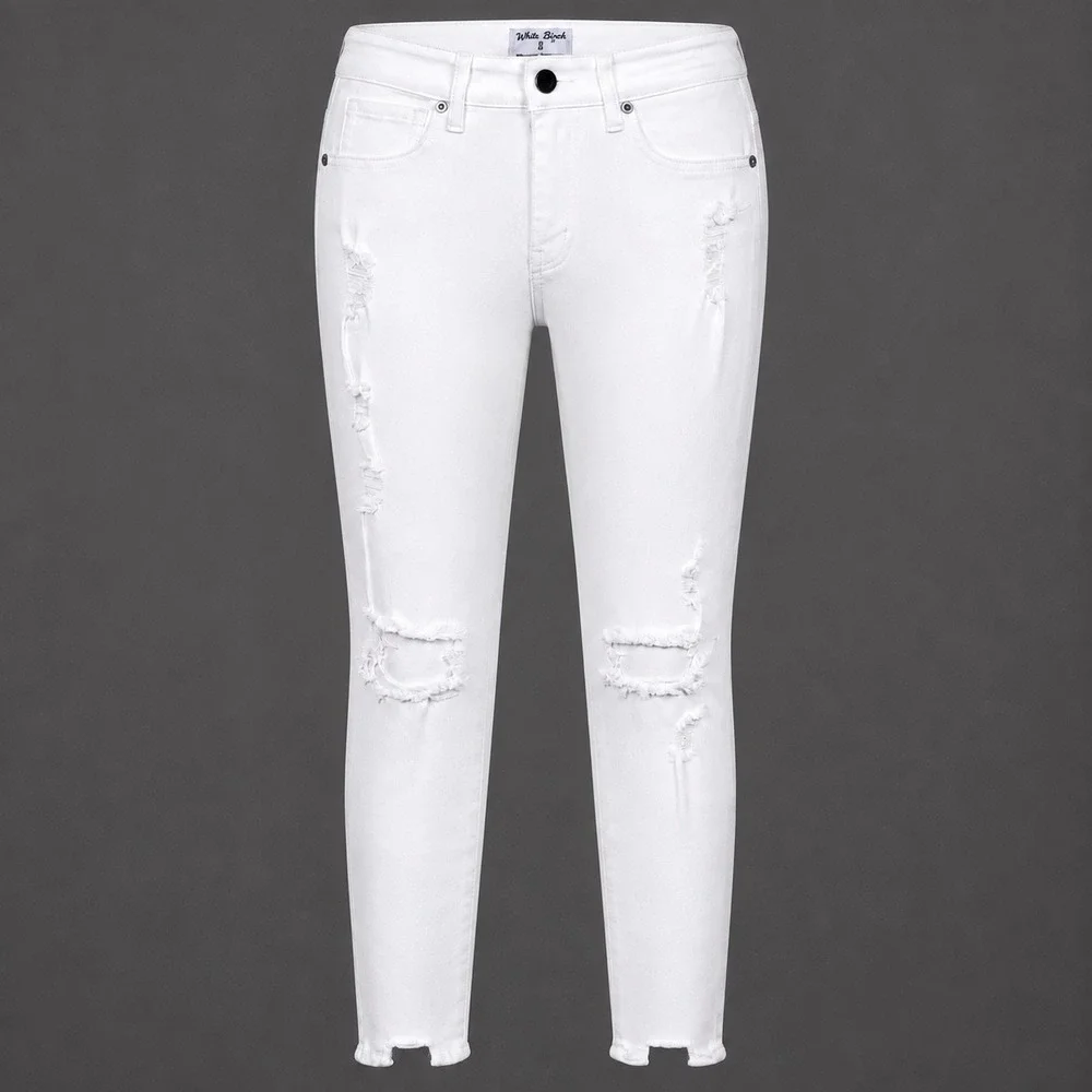 White Birch Distressed White Skinny Jeans Ripped Knee Raw Hem Womens Size S Chic
